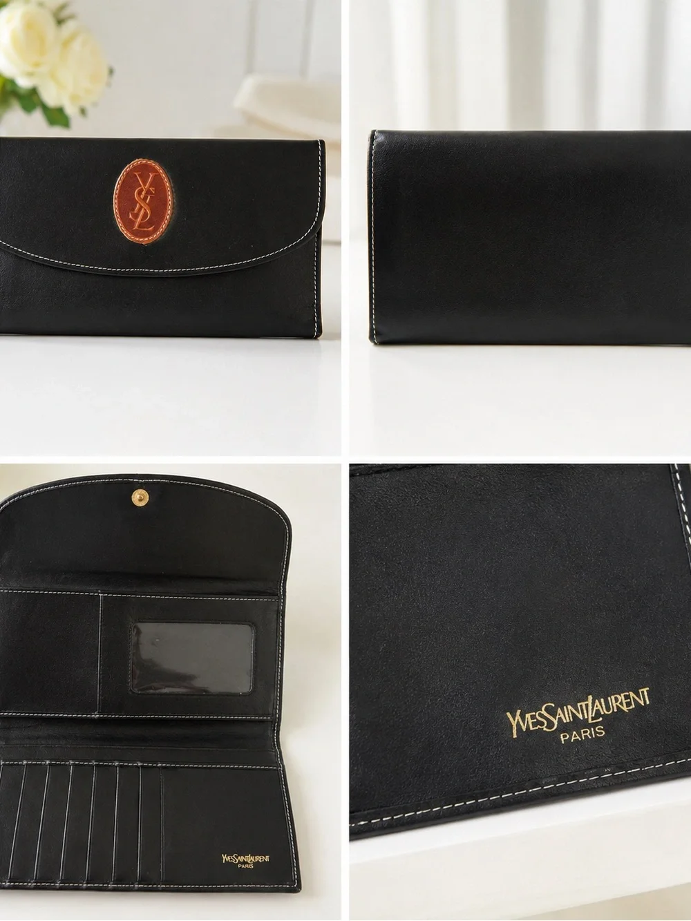 Yves Saint Laurent Black Leather Wallet with White stitching EUC